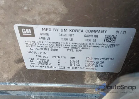 2021 Chevrolet Trailblazer Awd Activ z USA, uszkodzony, nr VIN KL79MSSL1MB128804